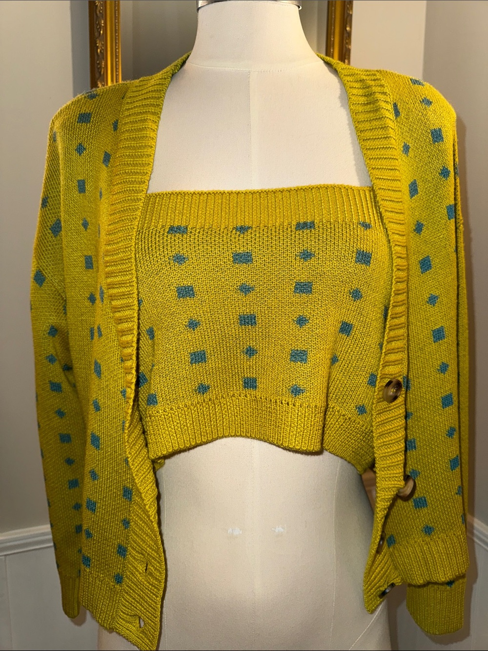 Callahan Knit Crew Sweater Set in Yellow and Teal. Gently used. Medium.